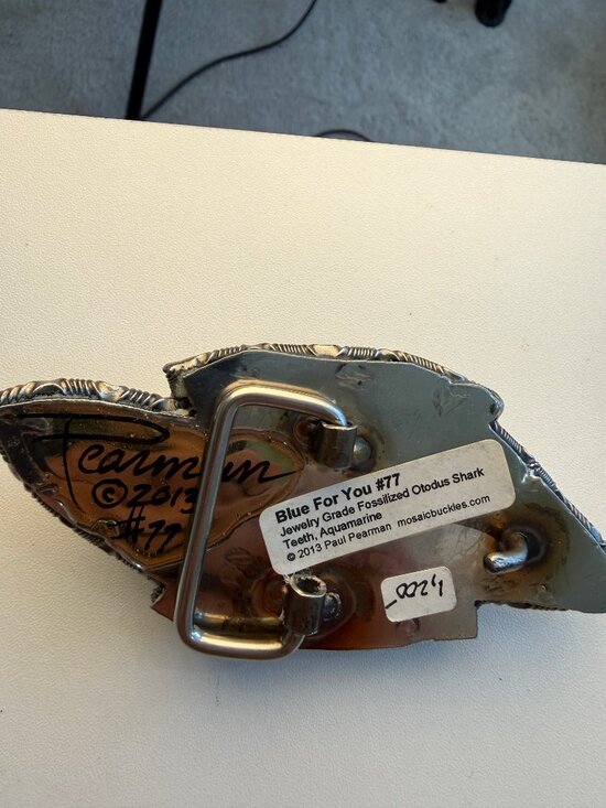 Rare Paul Pearman sigend Megalodon shark tooth & aquamarine Gem belt buckle main image 8
